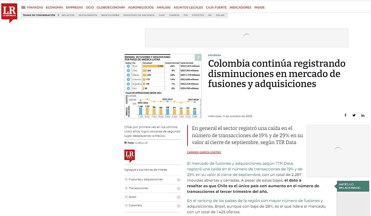 Colombia contina registrando disminuciones en mercado de fusiones y adquisiciones